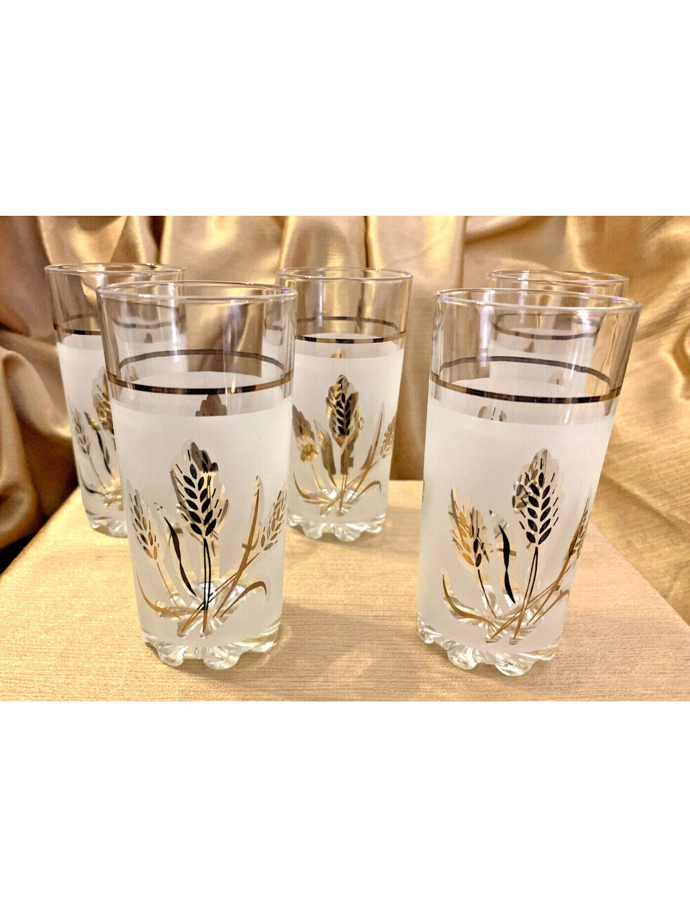 Devalbor GOLD WHEAT Frosted Tumblers VTG ITALIAN Blown Glass 5pc Swirl Base 5.5"